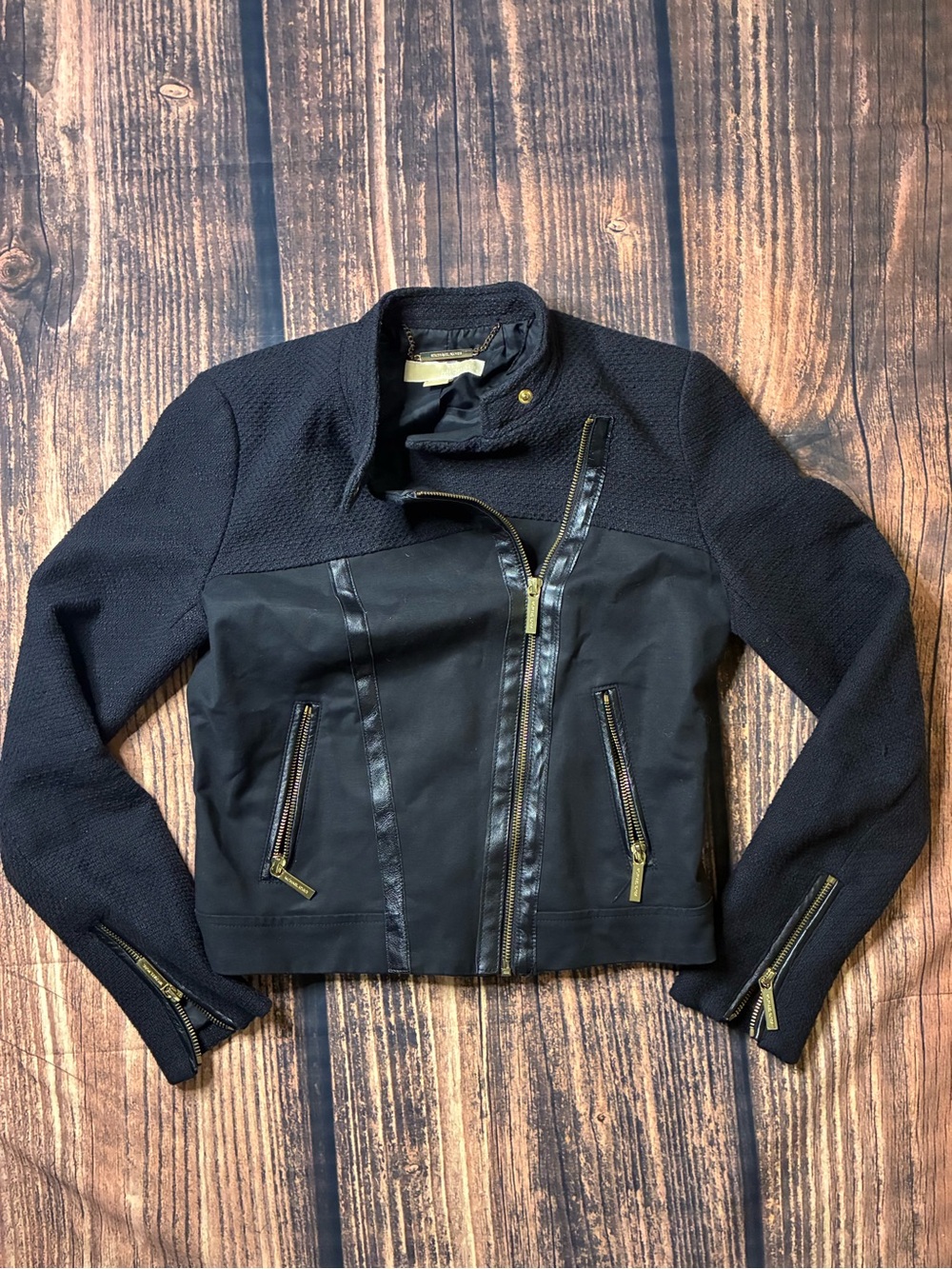 Michael Kors Black Textured Moto Jacket with Gold Hardware